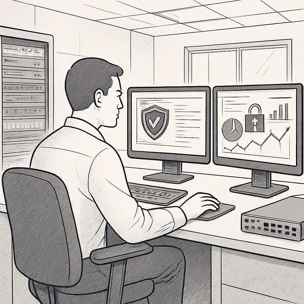 A cybersecurity analyst monitoring digital security systems in an office setting. A cybersecurity analyst working on network security, illustrating cybersecurity career prospects.