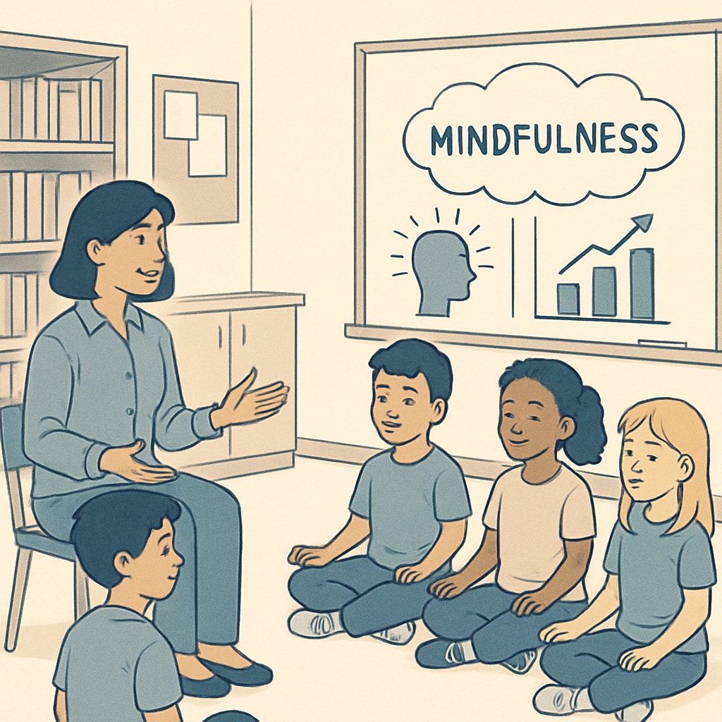 A teacher guiding students in a mindfulness workshop, illustrating the application of Sadhguru's principles in education. Teacher and students mindfulness workshop inspired by Sadhguru's practices.