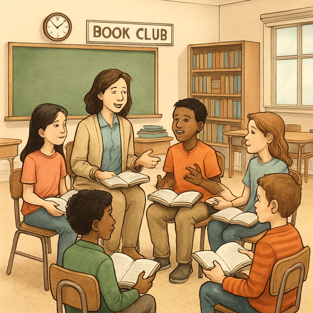A classroom book club where students sit in a circle discussing a book with a teacher. Students participating in a book club to improve reading comprehension.
