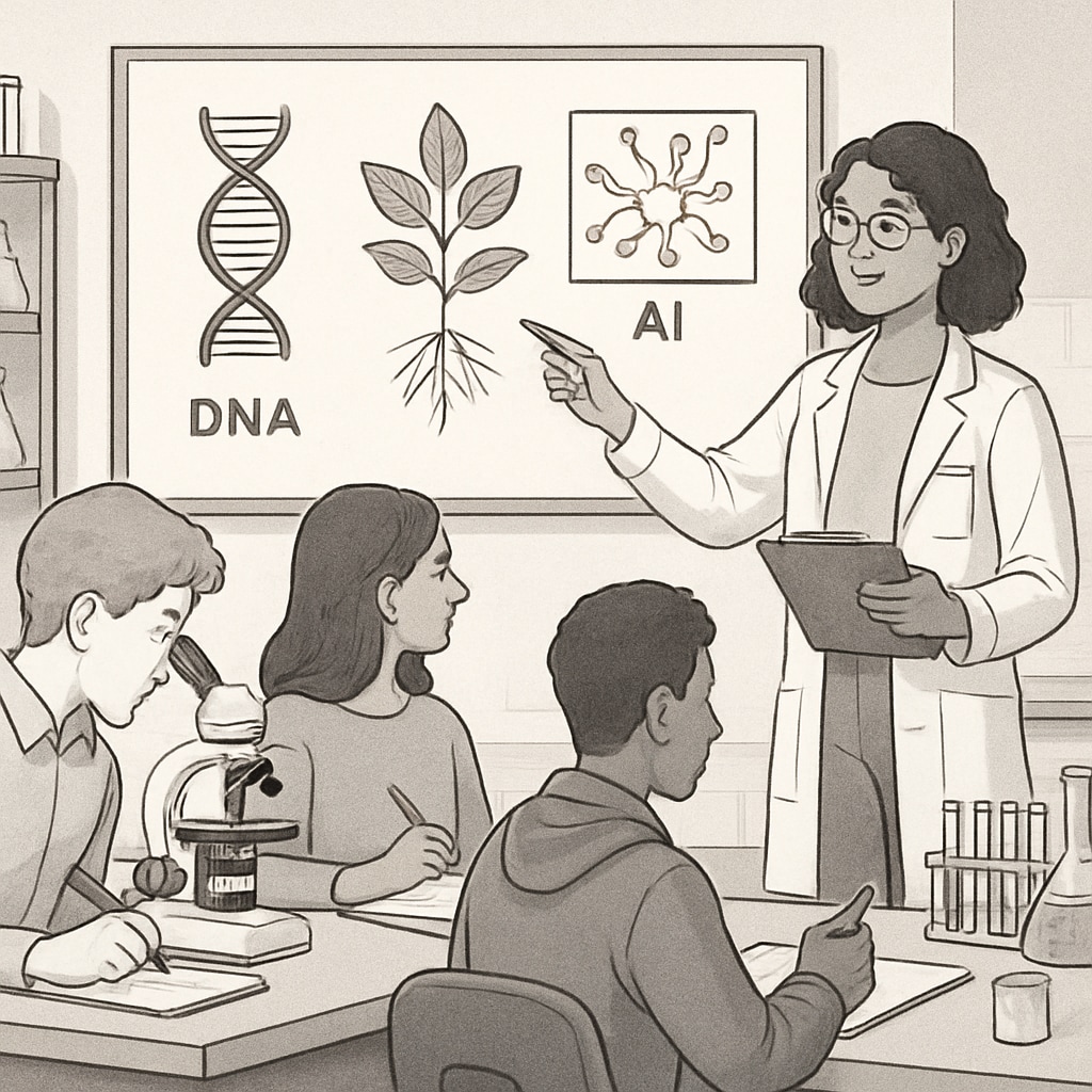 A biology graduate teaching students in a laboratory environment, showcasing interdisciplinary application. Biology graduate teaching a science lesson to students in a lab.