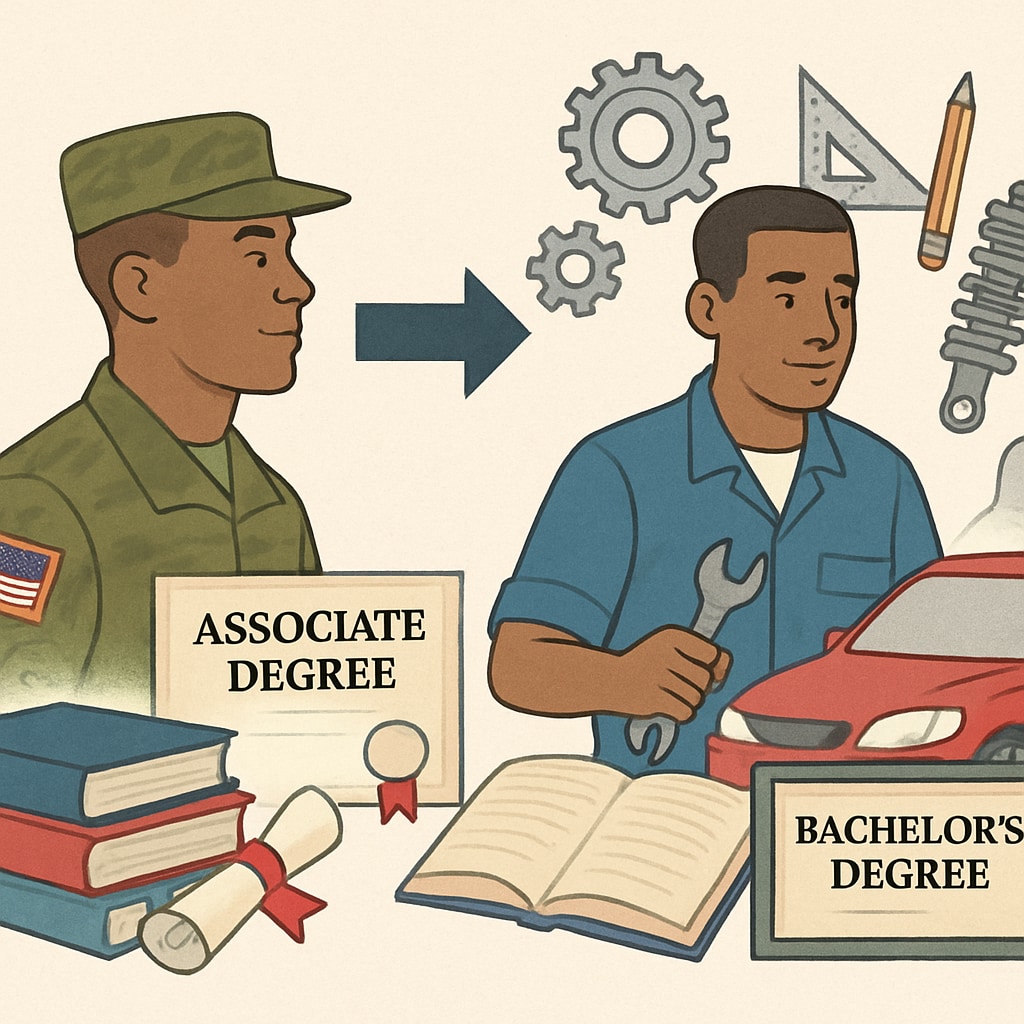 A military veteran studying automotive engineering, symbolizing the transition from an associate degree to a bachelor's degree. Military veteran studying automotive engineering for bachelor's degree transition.