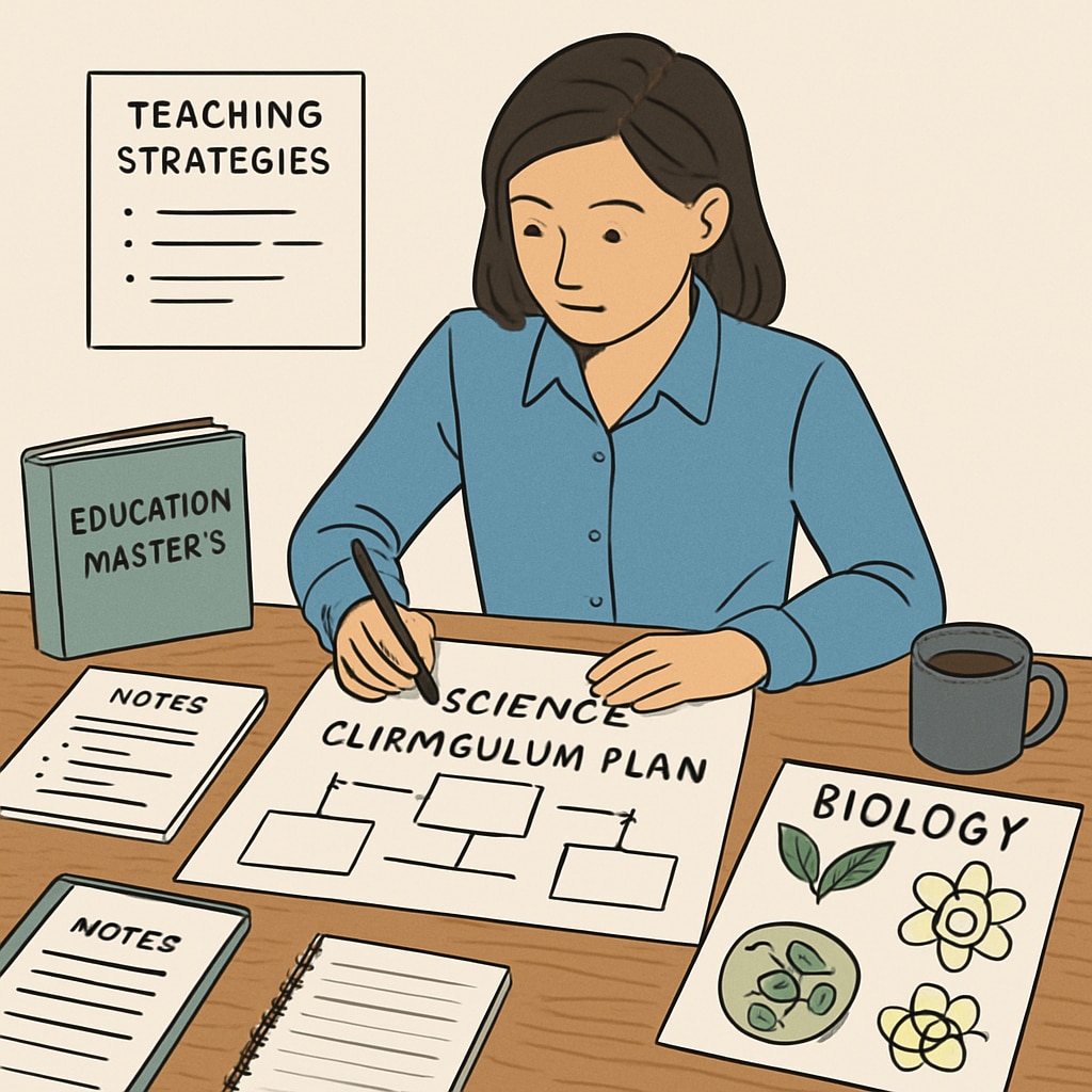 An education master's student preparing a science curriculum plan, emphasizing the integration of biology expertise into teaching strategies. Education master's student designing a science curriculum using biology knowledge.
