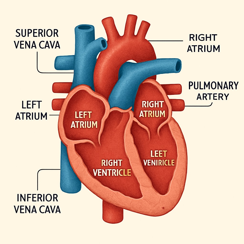 An infographic illustrating the basic anatomy of the human heart, focusing on beginner-friendly labels for terms like Beginner-friendly anatomy infographic of the human heart for non-medical learners.