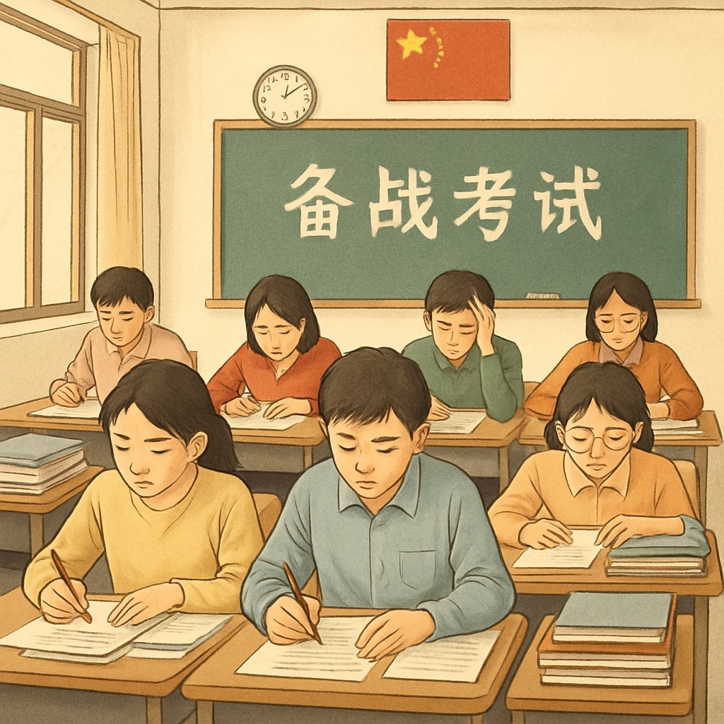 Students in China preparing for exams in a traditional classroom setting, illustrating the emphasis on testing and academic pressure in the Chinese system. Chinese students in a classroom preparing for standardized tests.