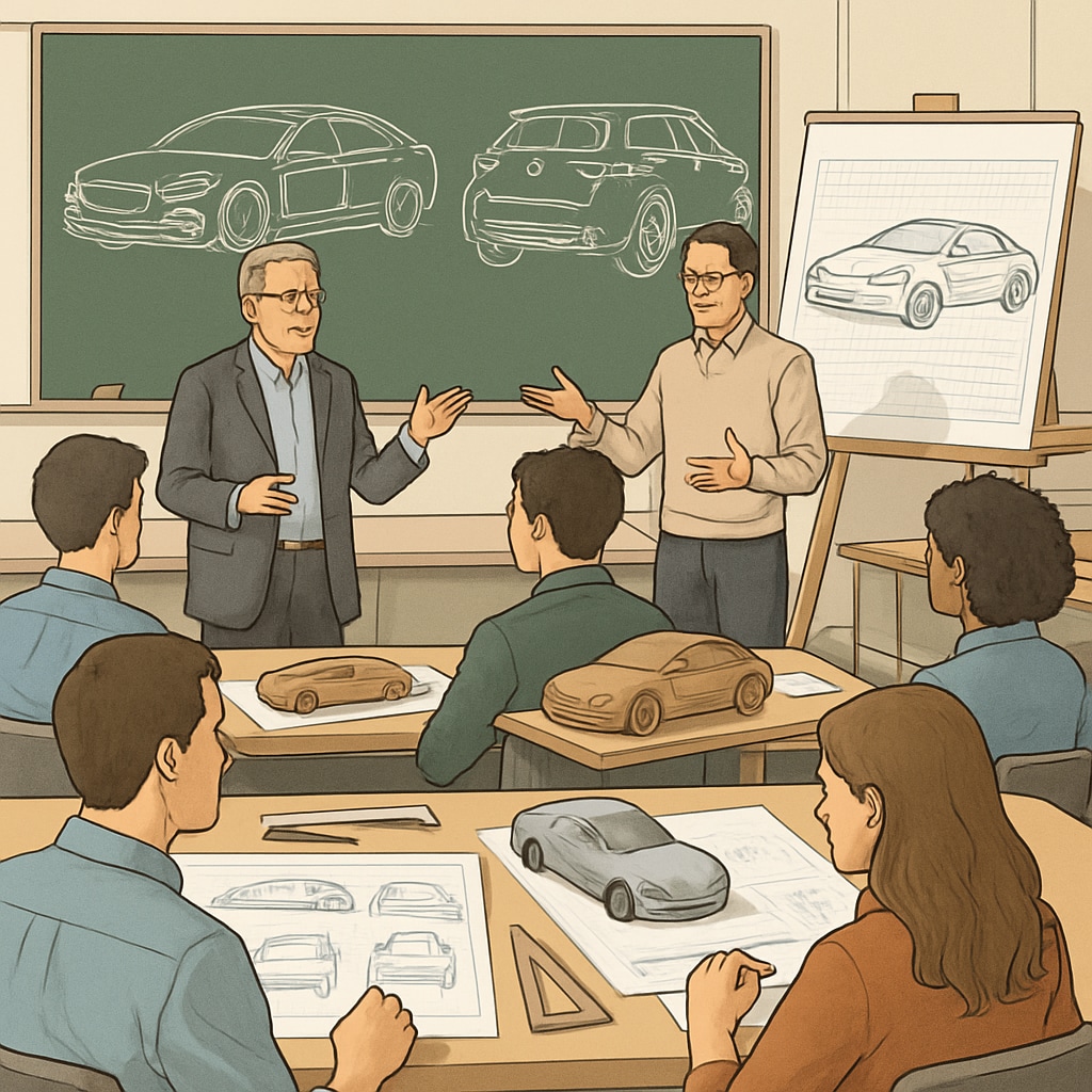 A classroom setting showing students and professors discussing automotive designs, illustrating higher-level automotive education. Students and professors discussing automotive designs in a classroom.