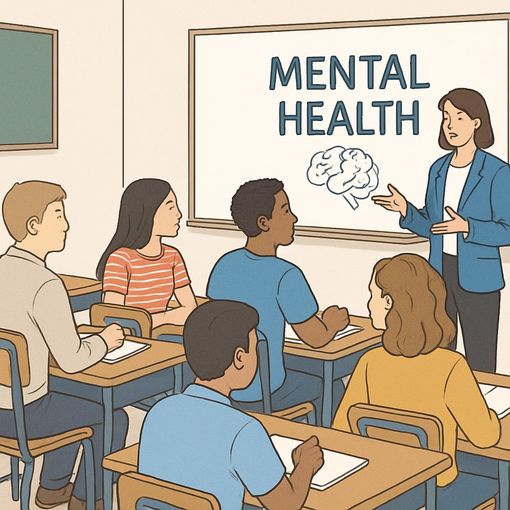 A group of high school students attentively listening to a speaker during a mental health lecture, symbolizing engagement and learning. High school students listening to a mental health lecture.