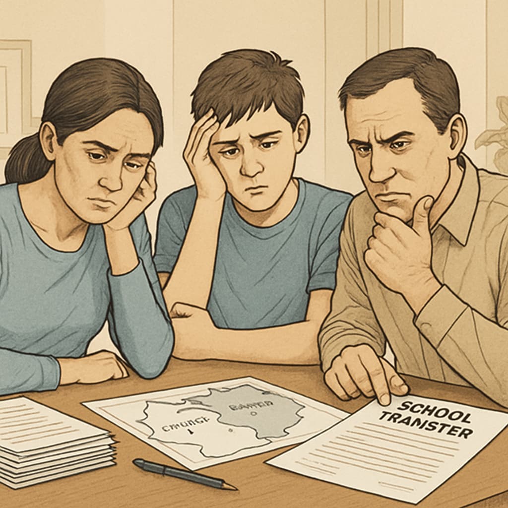 A frustrated family looking at school transfer paperwork, symbolizing the challenges posed by district miscommunication. Family struggling with school transfer paperwork due to district miscommunication.