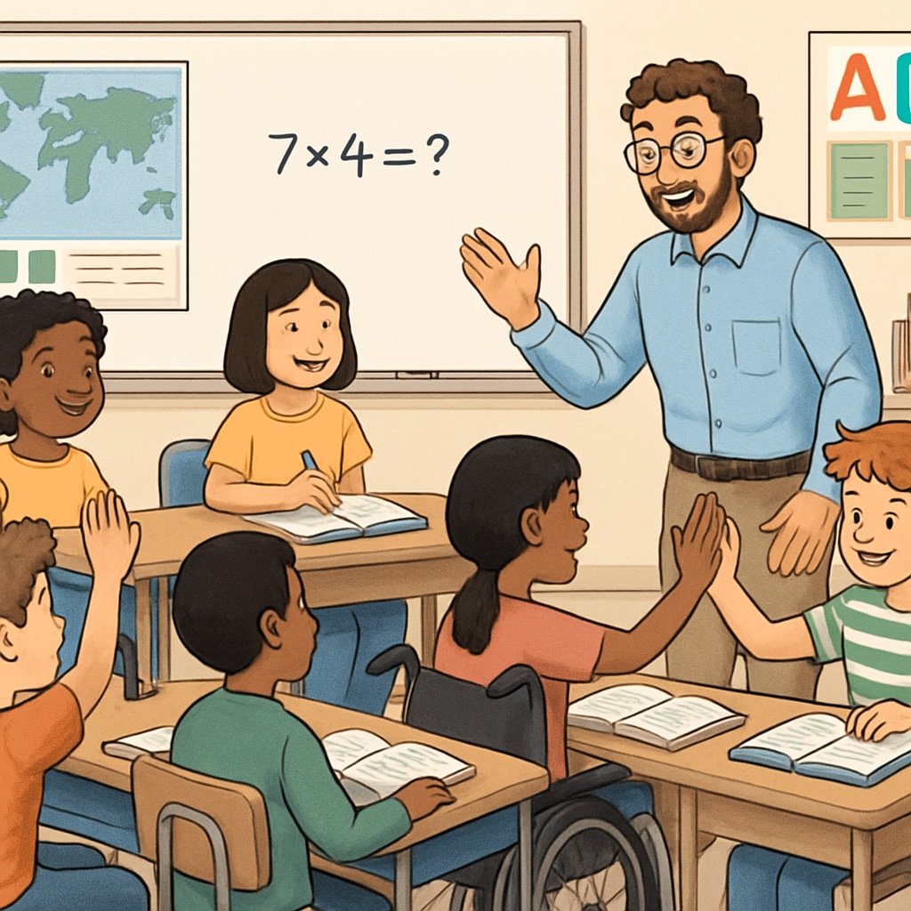 A classroom with diverse students and a teacher engaging in inclusive learning activities. A diverse group of students working together in a public school classroom.