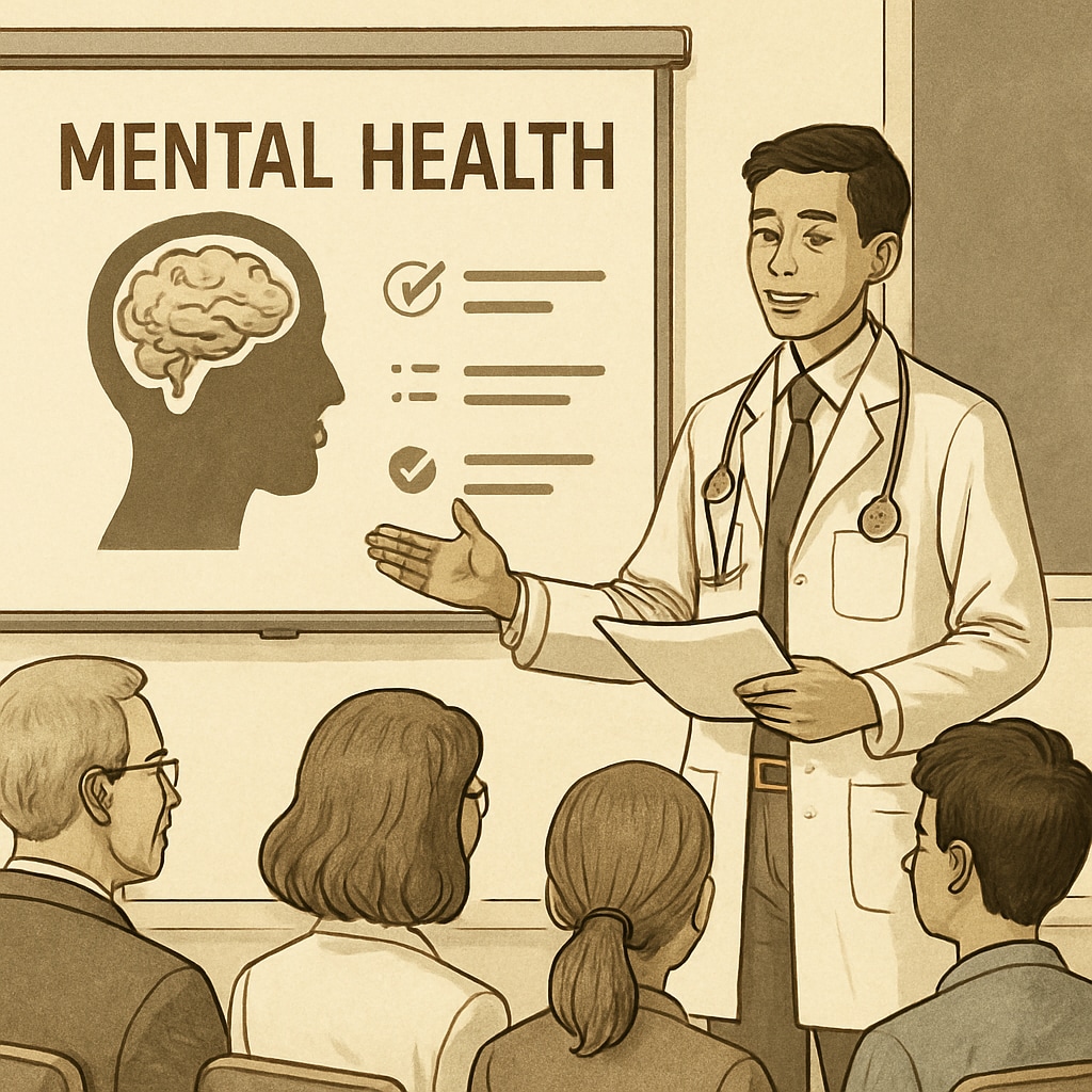 A medical student presenting a mental health slide deck to educators and students, showcasing professionalism and preparedness. Medical student delivering a mental health presentation.