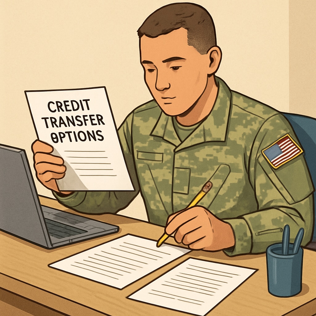 A military student reviewing credit transfer options, with documents and a laptop on a desk. Military student reviewing credit transfer options for a bachelor’s degree in automotive technology.