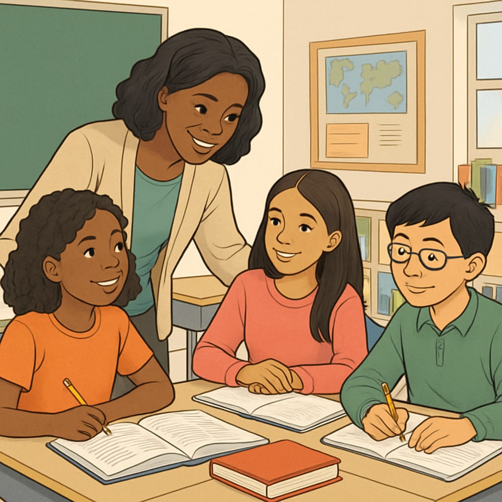 A diverse group of students in a supportive classroom environment, representing the goal of equitable school transfers. Diverse students in a positive classroom environment, symbolizing equity in school transfers.
