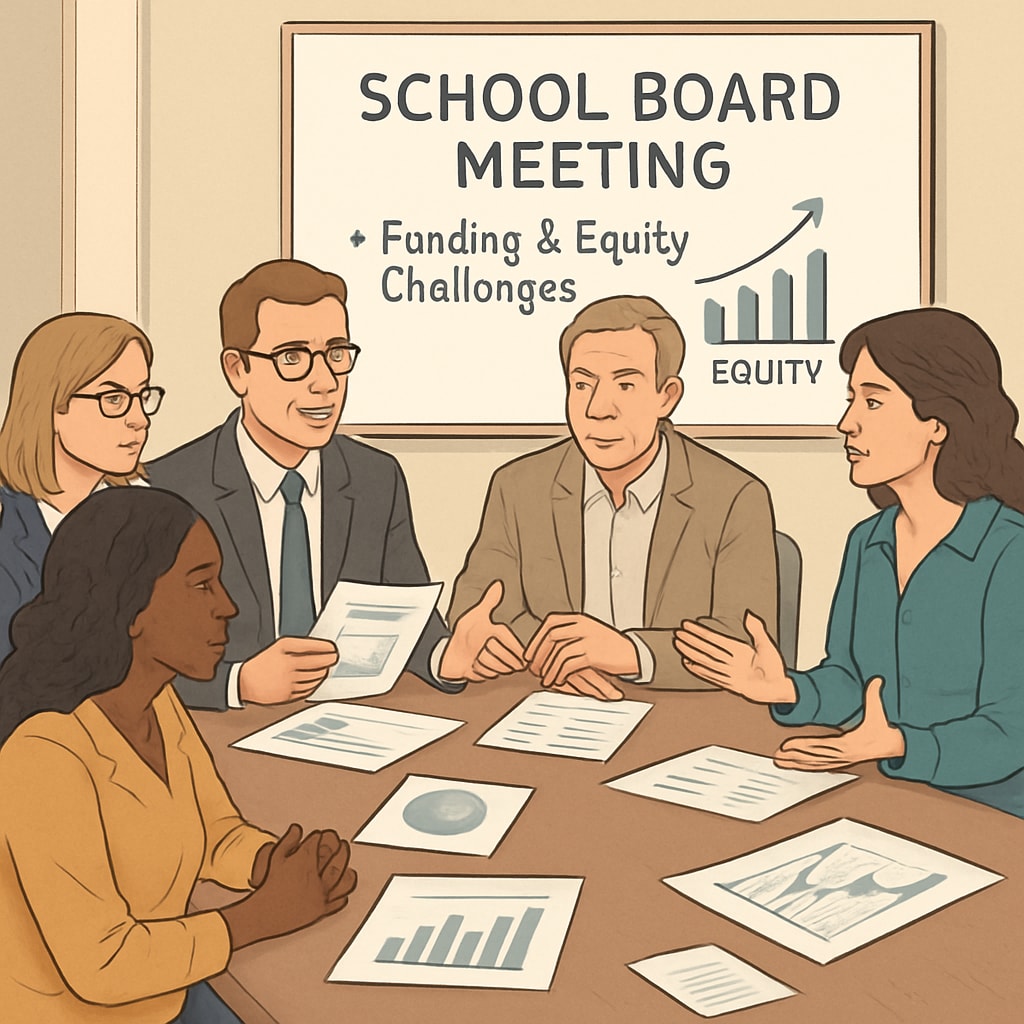 A school board meeting where policymakers and educators discuss funding and equity challenges. Educators and policymakers discussing school funding and equity at a meeting.