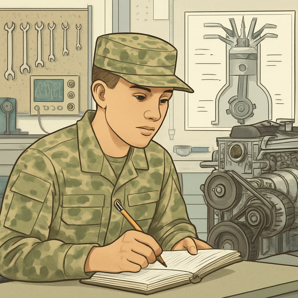 A military student attending an automotive engineering class, with lab equipment in the background. A military student attending an automotive engineering class as part of their bachelor’s program.