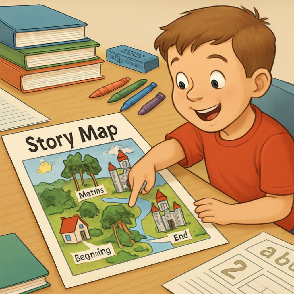 A child enthusiastically pointing to a colorful story map on a piece of paper, surrounded by books and crayons. Child using a story map as a creative reading comprehension tool.