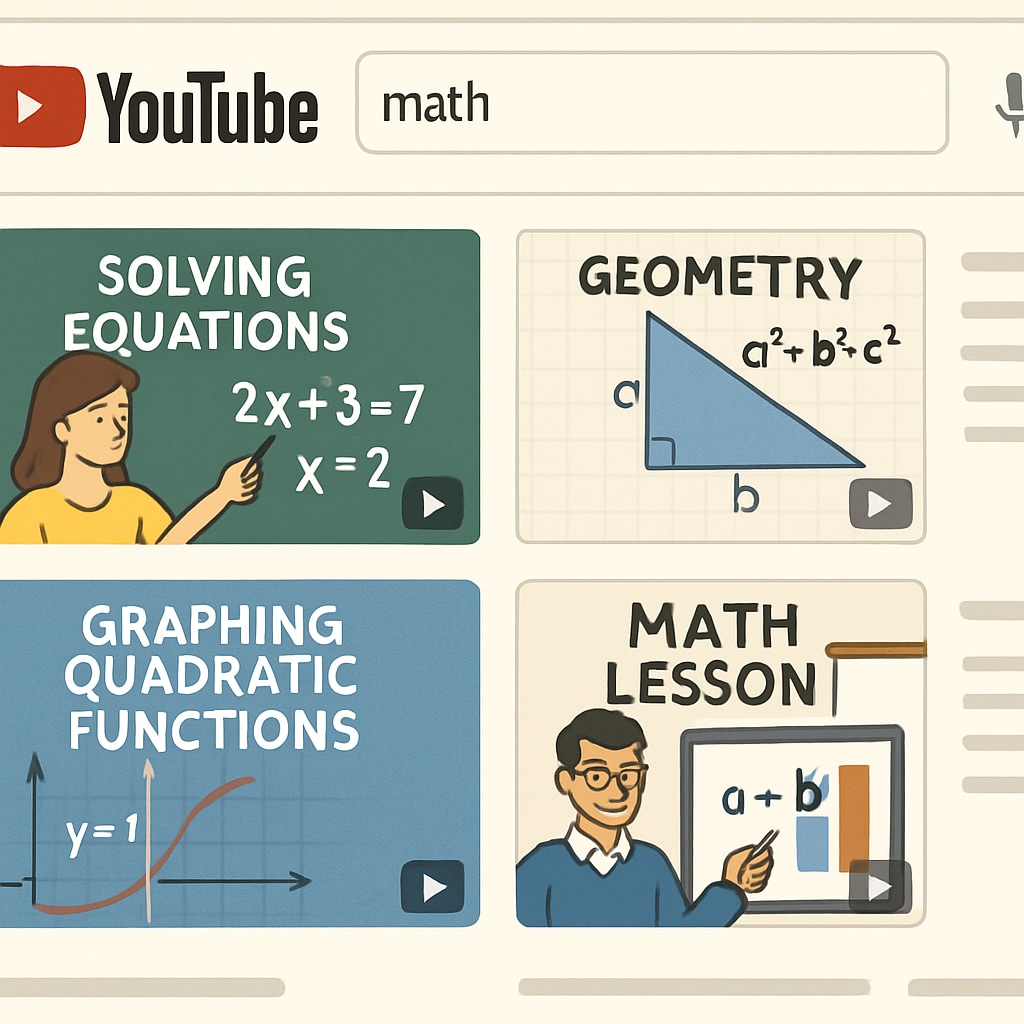 A screenshot of a YouTube search page featuring educational math videos, showcasing the variety of resources available for learners. YouTube search page featuring math skills test preparation videos