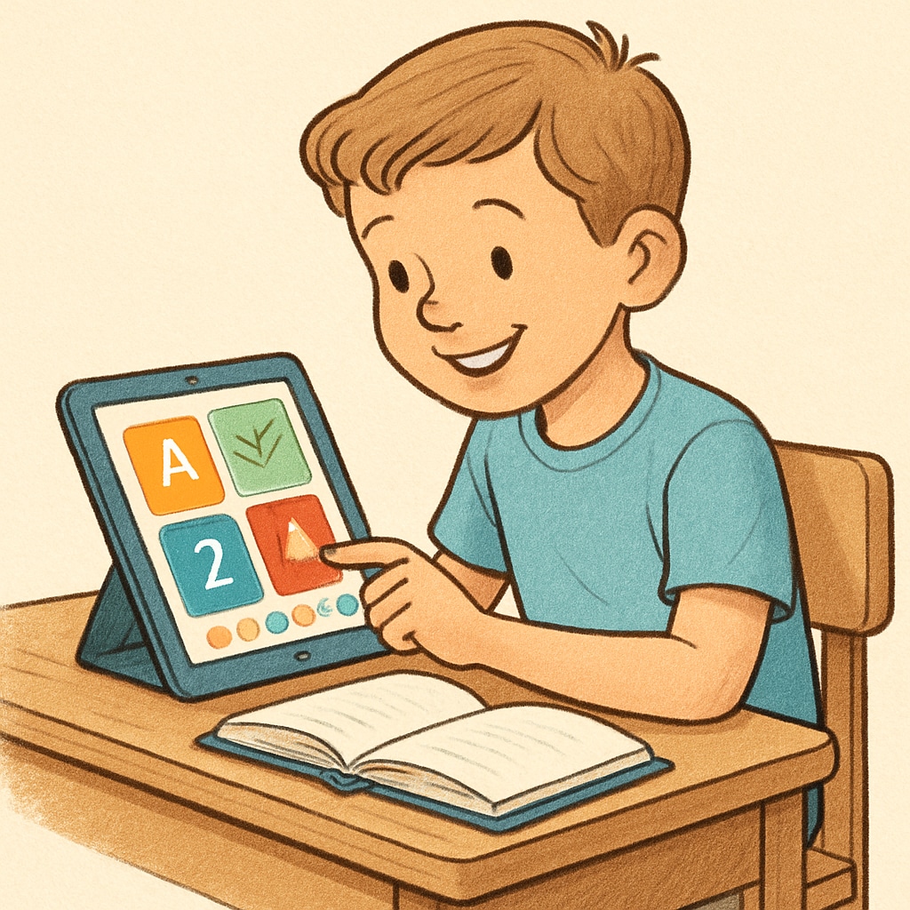A young student sitting at a tablet with a bright, colorful interface on the screen, smiling as they interact with a reading app. Student using a free digital tool for reading comprehension practice.