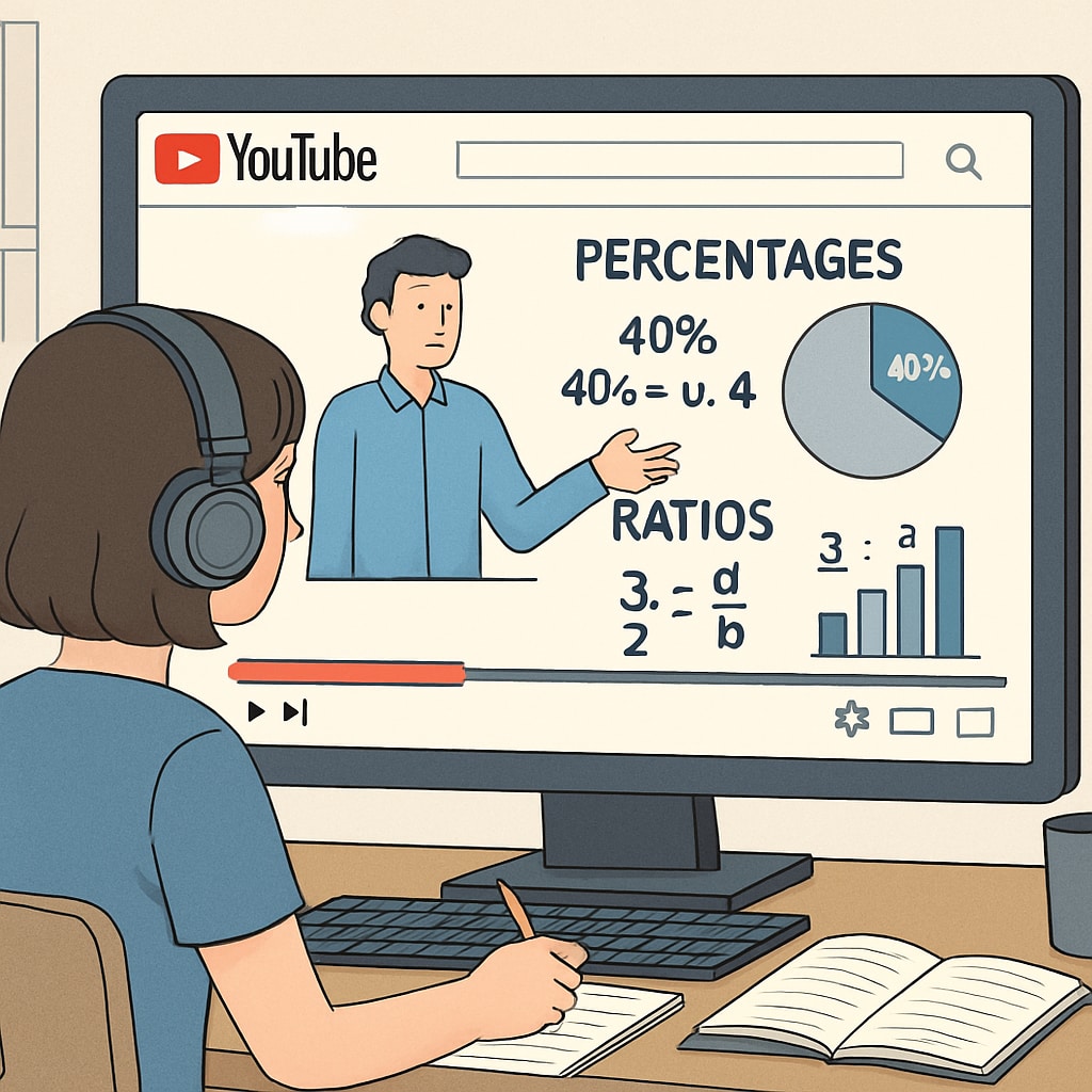 A visual depiction of a student learning math with YouTube videos, showing percentages and ratios explained on a screen. Student watching a YouTube tutorial on percentages, ratios, and proportions for campus recruitment math tests
