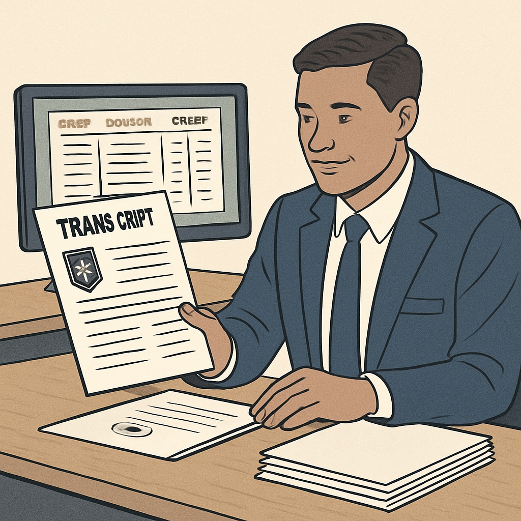 A university admissions officer reviewing a transcript for credit transfer, emphasizing compatibility for military personnel. Admissions officer reviewing credit transfer for military associate degree holders.