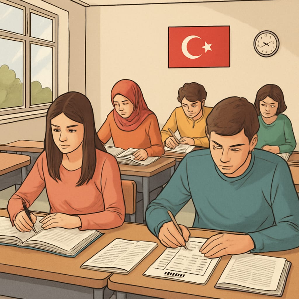 Turkish students preparing for standardized exams highlighting exam-driven education.