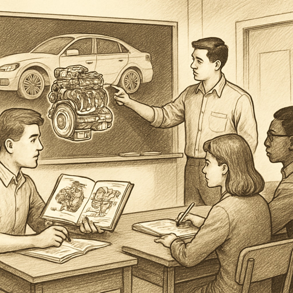 Students learning automotive engineering concepts in a classroom setting, showcasing advanced technical education. Students in an automotive engineering class exploring bachelor's degree topics.