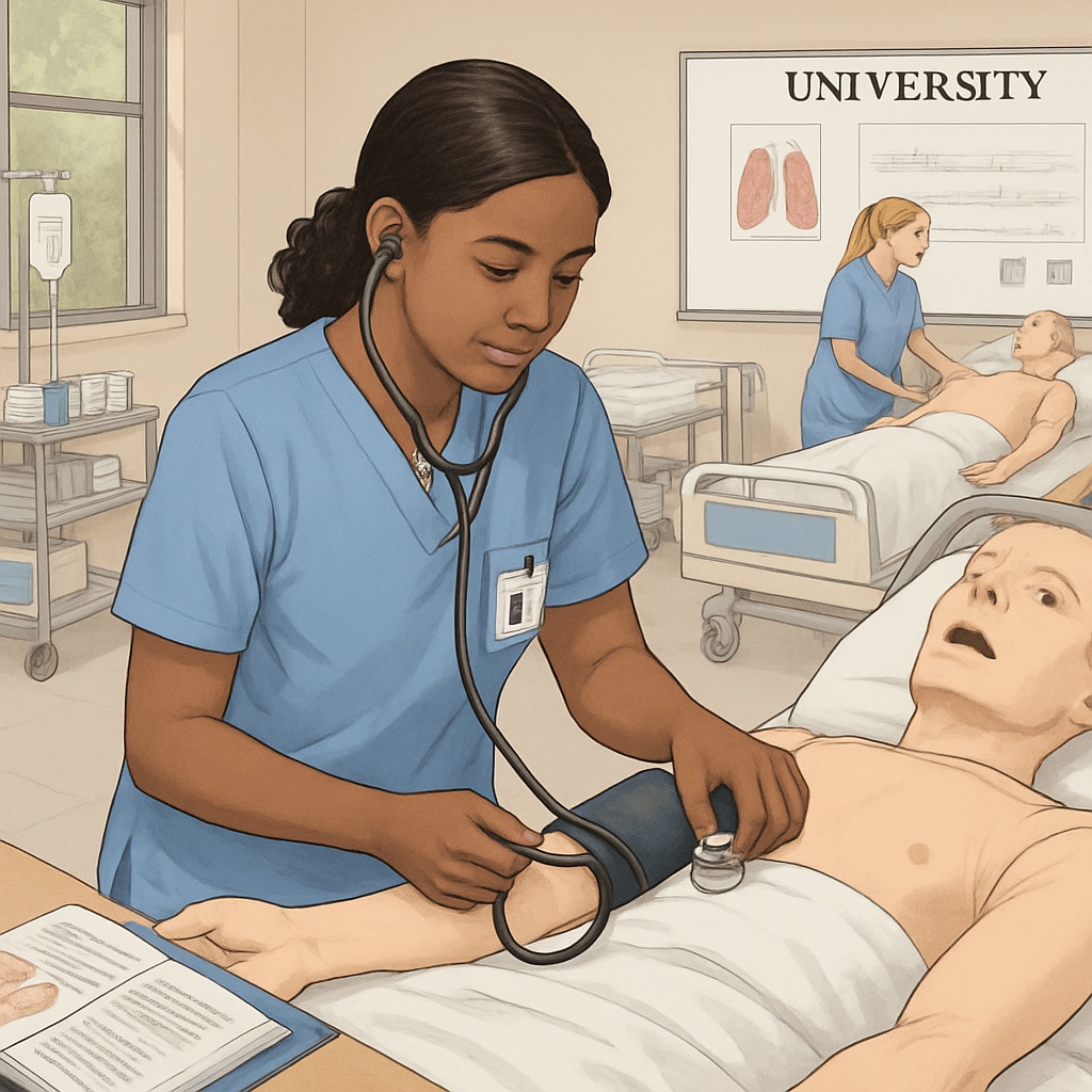 A nursing student attending a clinical training session on campus. Nursing student participating in clinical training, related to nursing programs and university transfer.
