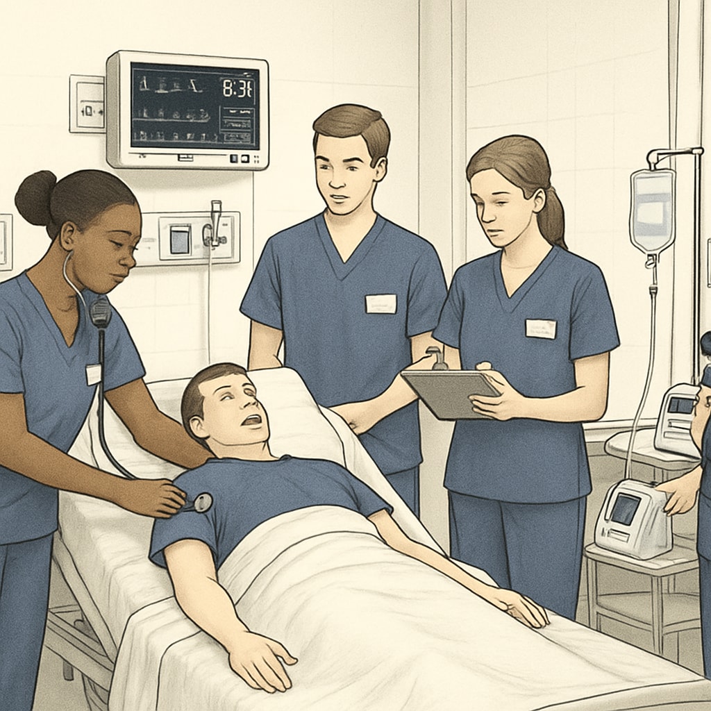 A group of nursing students practicing in a clinical simulation lab, wearing scrubs and engaging in teamwork. Nursing students in a simulation lab discussing patient care.