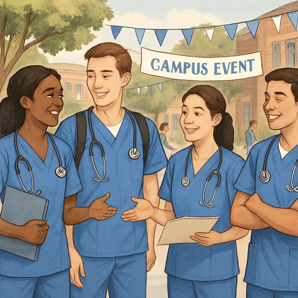 A group of nursing students participating in a campus event. Nursing students at a campus event, illustrating the balance between academics and social life.