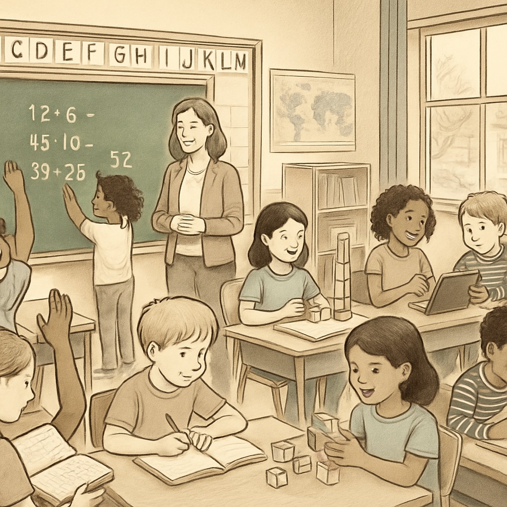 Public school classroom with students learning, related to education vouchers and funding challenges.