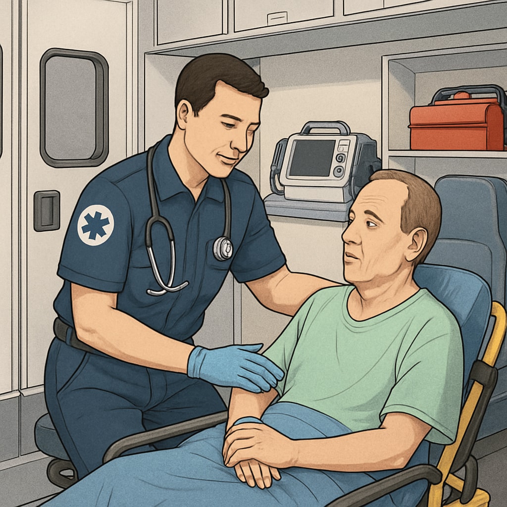 A paramedic assisting a patient in an ambulance, symbolizing the transition from EMT to nursing careers. Paramedic providing emergency care, relevant to EMT and nursing paths.