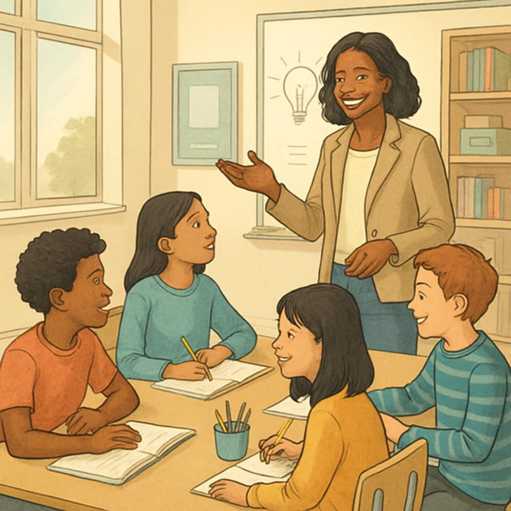 Teacher with diverse students in a classroom, highlighting public school innovation under voucher pressure.