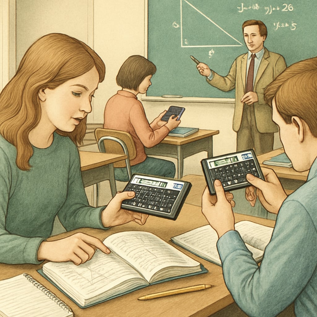 Students using HP 11c RPN calculators in a classroom to solve math problems