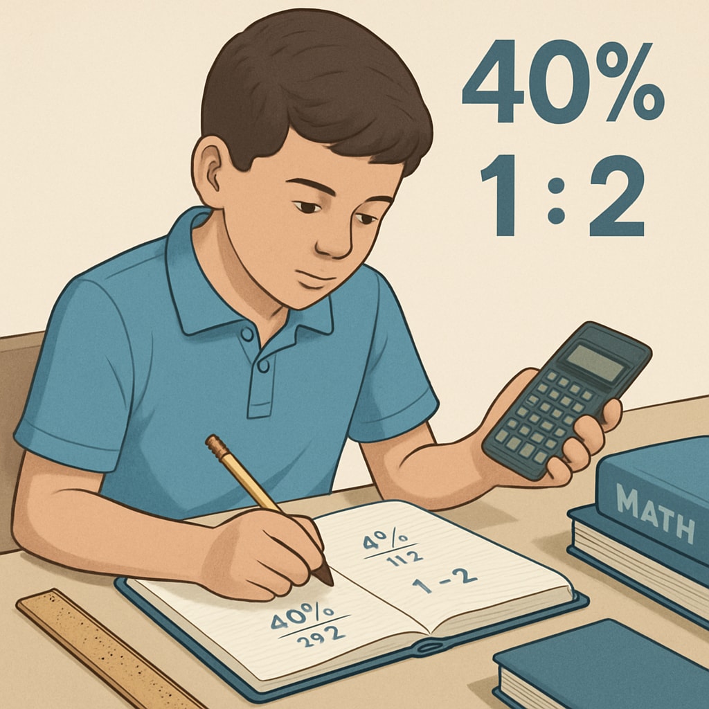 A student reviewing K12 math concepts like percentages and ratios using a notebook and calculator. Student studying percentages and ratios for campus math tests.