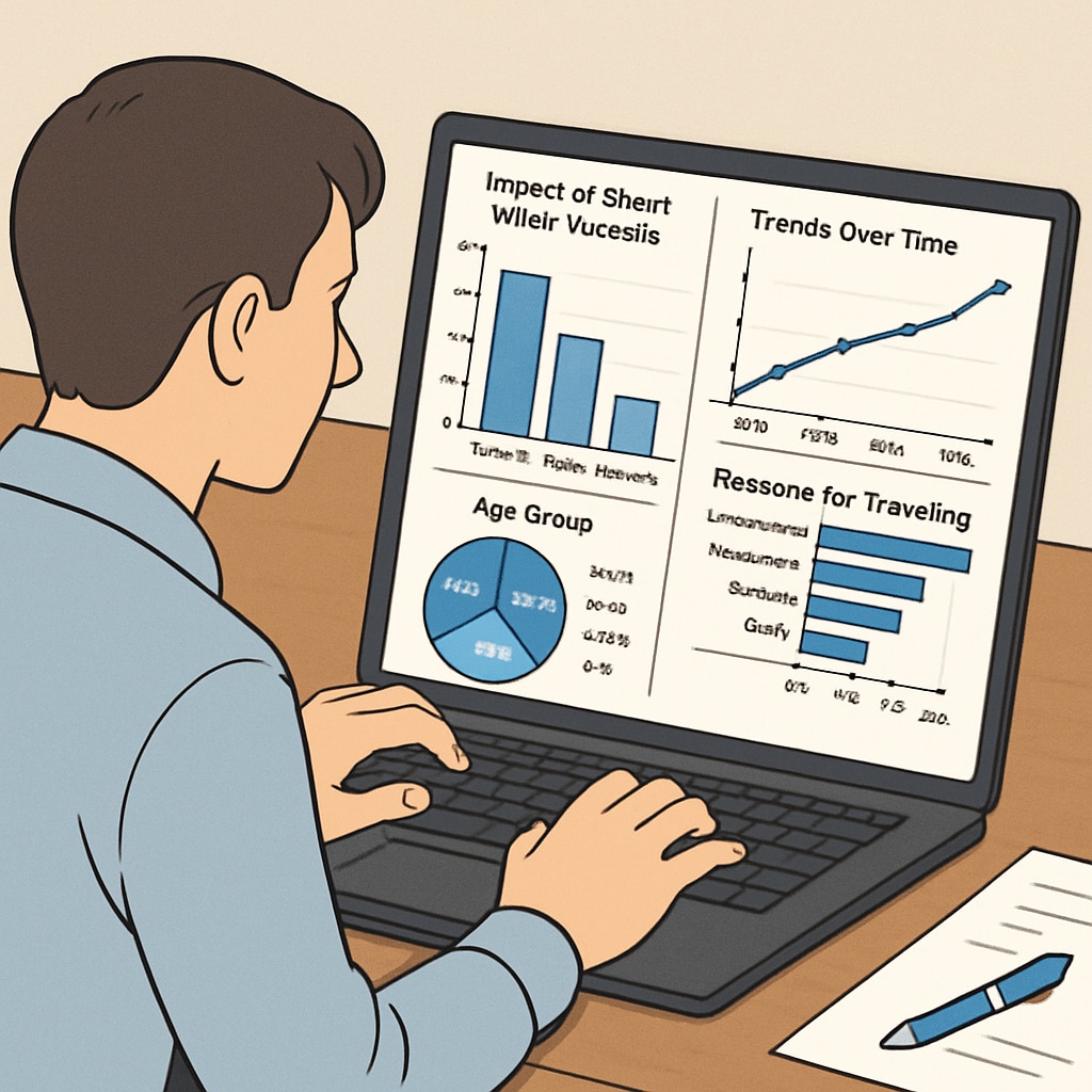 A researcher analyzing survey results on a laptop, with graphs and charts showcasing trends related to short video tourism impact. Data collection for short video tourism research, featuring a laptop with survey results.