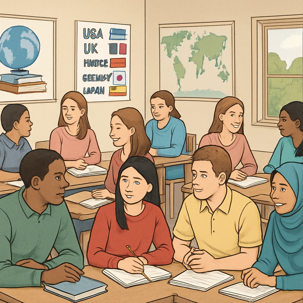 A classroom setting with students discussing coursework, representing international education opportunities. Students discussing coursework in a classroom; related to AS-level international education.