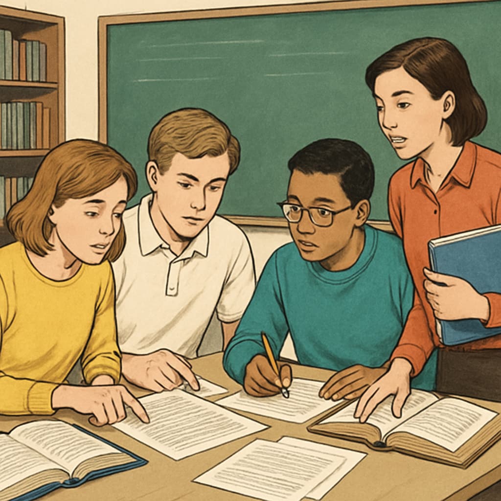 A visual representation of text complexity in education, such as a classroom setting with students analyzing texts. Students analyzing text complexity in an educational setting.