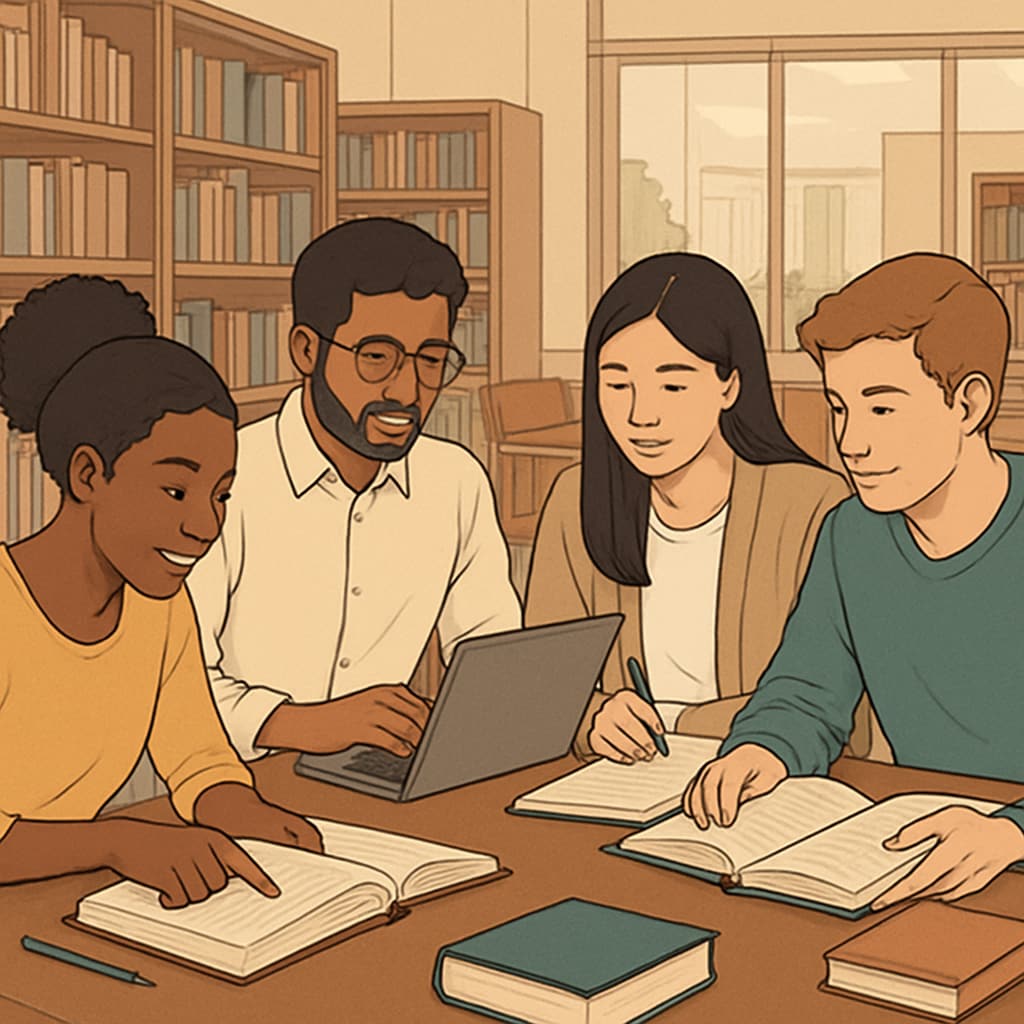A diverse group of students studying together in a university library, symbolizing global learning opportunities. Diverse students studying in a university library; representing budget-friendly international education.