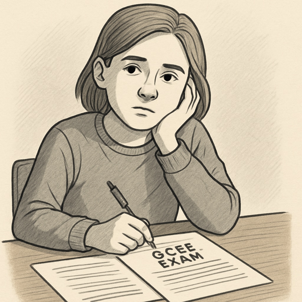 A student sitting at a desk with GCSE exam papers, looking reflective and thoughtful. Student reflecting on GCSE results, academic worries, and self-doubt.