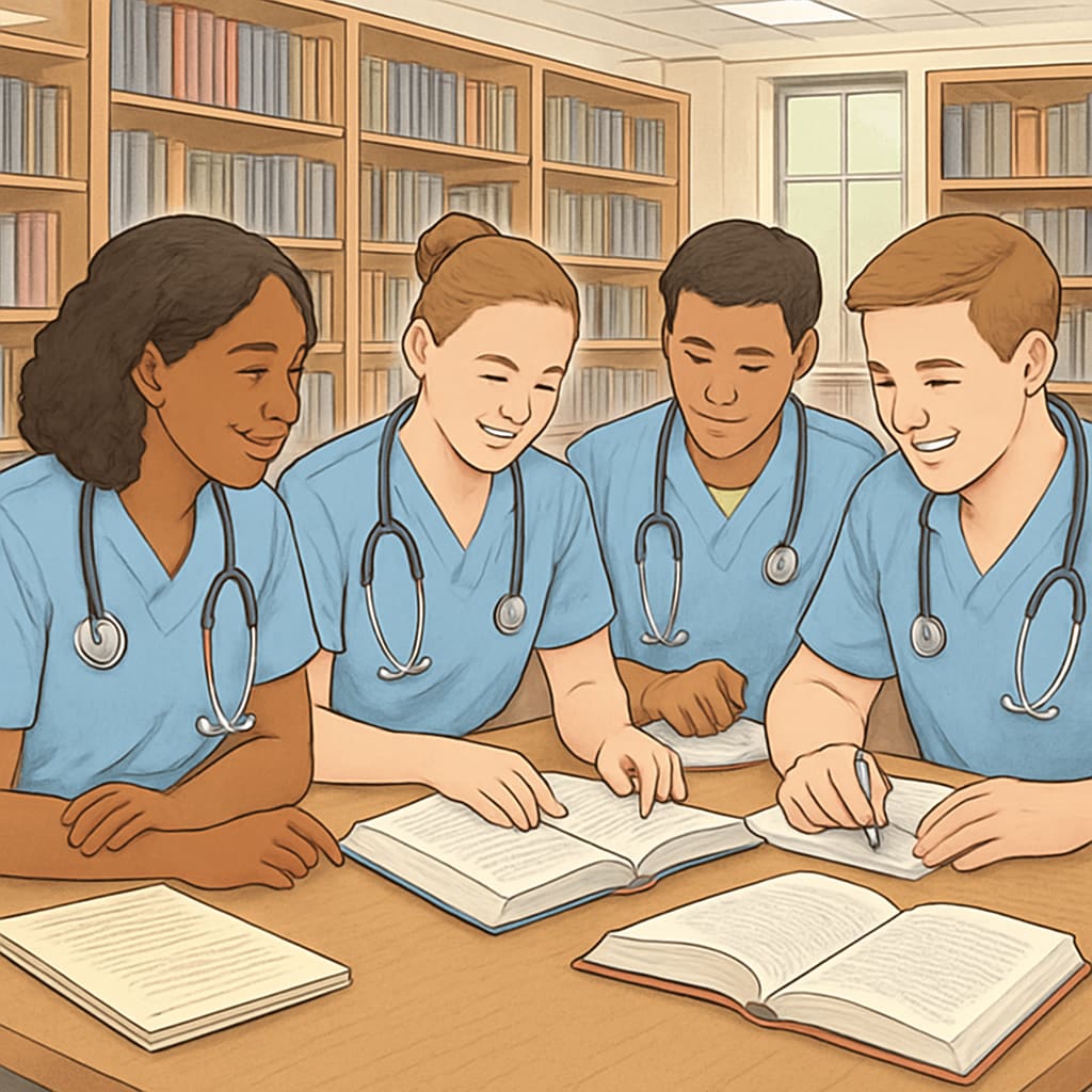 A group of nursing students studying together at a university library, symbolizing academic preparation and community support. Nursing students discussing coursework in a university setting