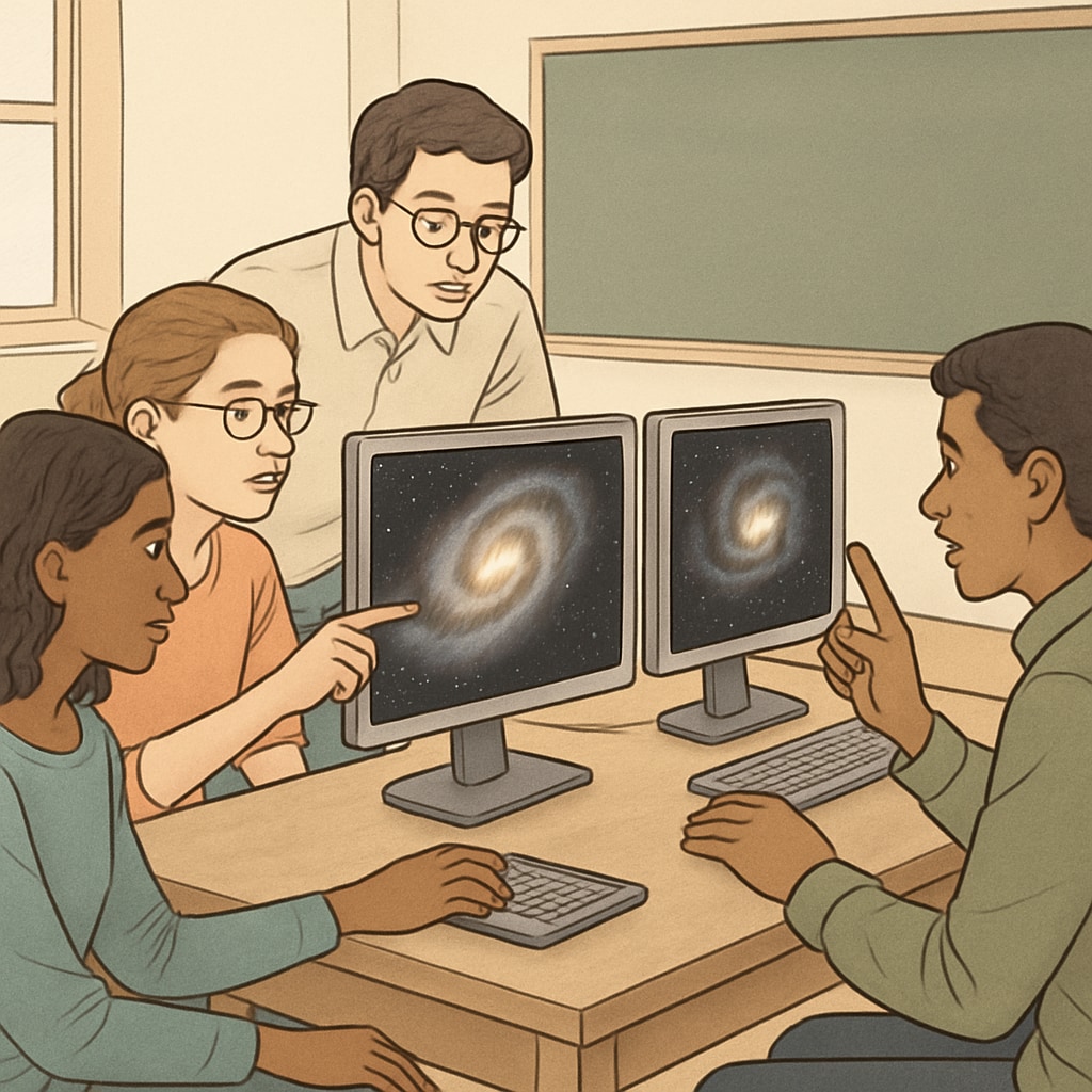 Students participating in Zooniverse galaxy analysis project, engaging in citizen science.