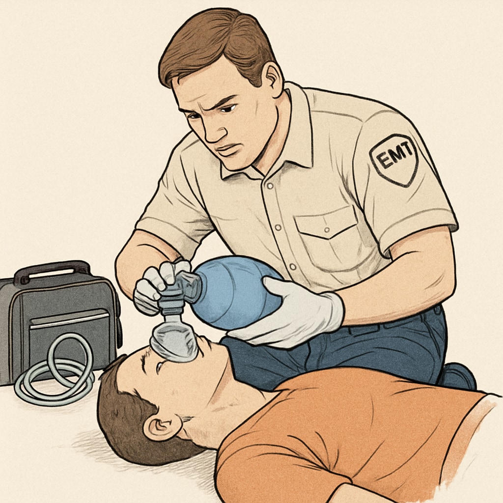 An EMT assisting a patient during emergency care, showcasing practical knowledge and hands-on healthcare experience. EMT providing emergency medical care to a patient