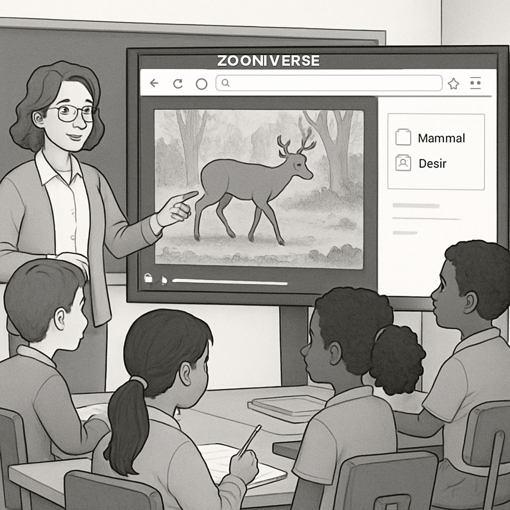 Teacher helping students explore Zooniverse wildlife project in a classroom setting.
