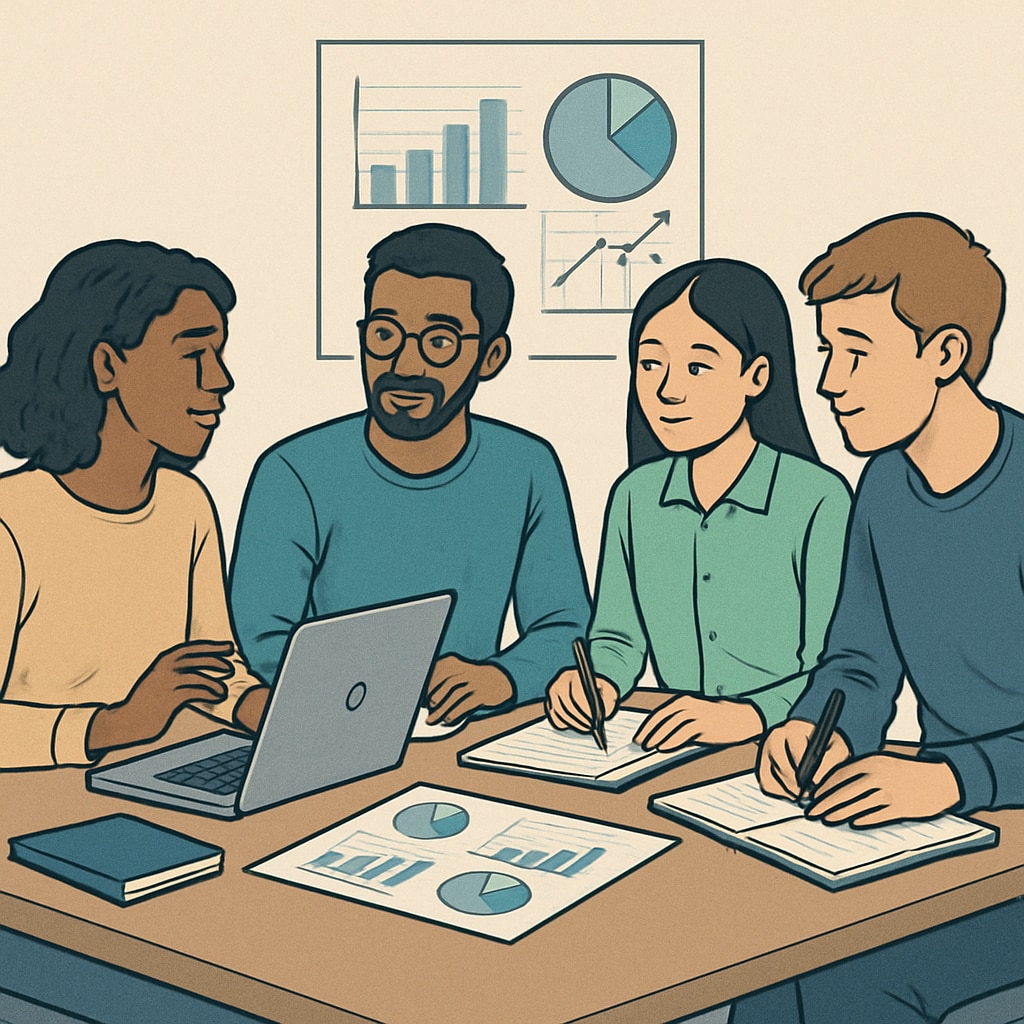 A group of international students collaborating on a data science project, symbolizing teamwork and diversity. International students working on a data science project, representing diversity and collaboration.