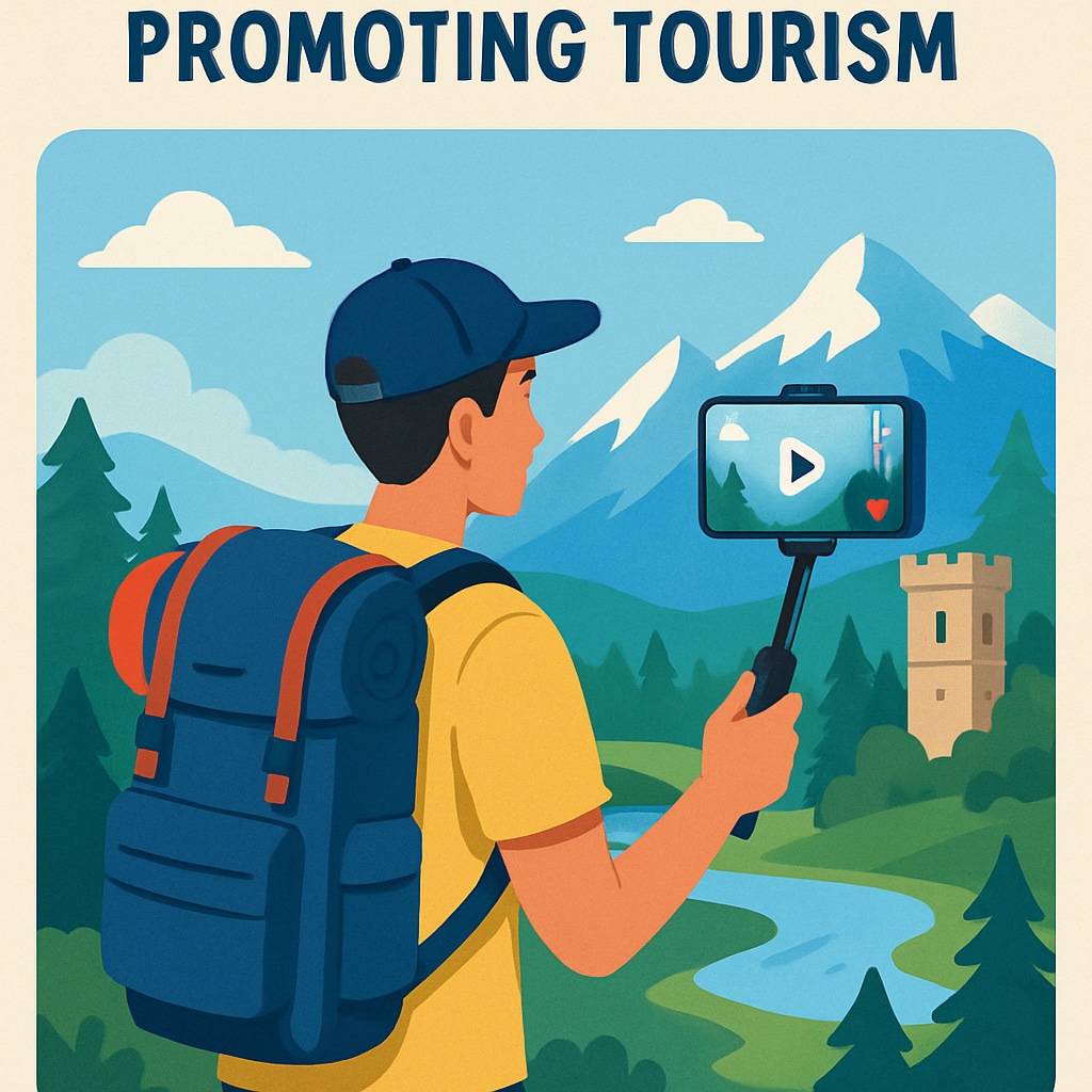 A vibrant short video clip showing a traveler exploring a scenic destination, symbolizing the influence of short videos on tourism. Short video influence on tourism decisions with a traveler and scenic views.