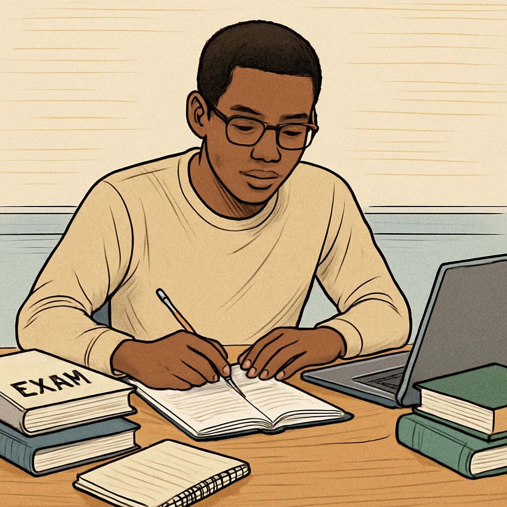 An international student studying for standardized tests, surrounded by books and a laptop, highlighting exam preparation. International student preparing for standardized tests with books and laptop.