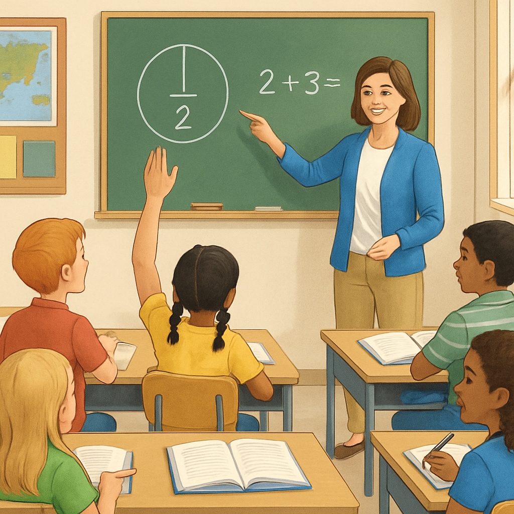 A vibrant classroom with engaged students and a teacher conducting an interactive lesson. Public school classroom emphasizes teaching quality and student engagement.