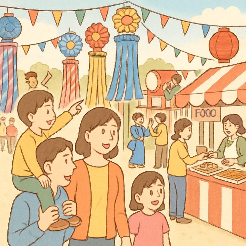 A still from a short video showing a family enjoying a local festival, emphasizing cultural tourism. Short video showcasing cultural tourism with a family enjoying a festival.