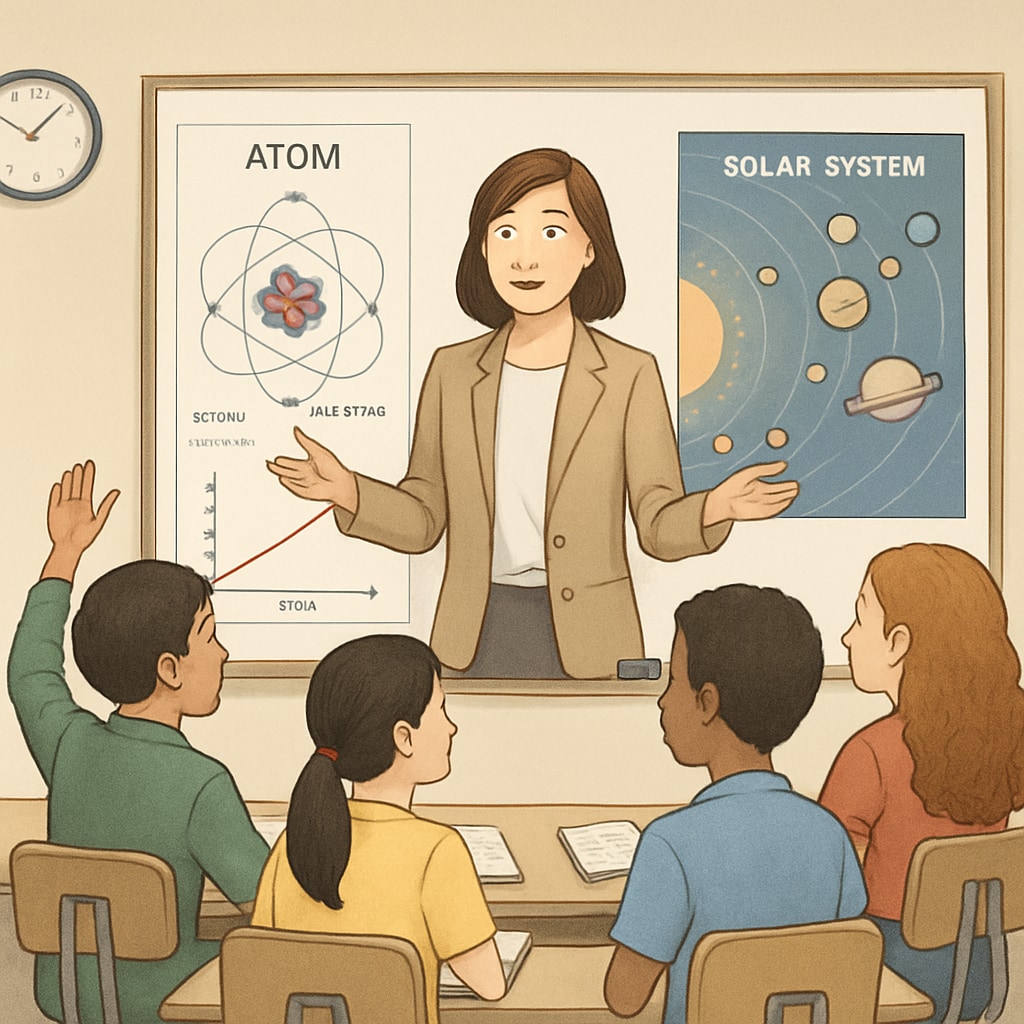 A classroom setting featuring a science teacher using visual aids like diagrams and charts to explain complex concepts to a group of multilingual learners. Science teacher using visual aids to support multilingual learners in a high school classroom.