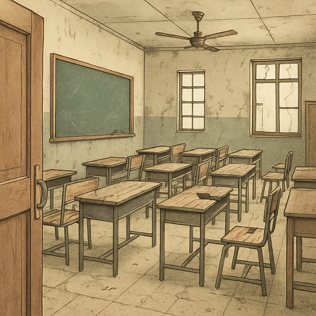 A poorly maintained school building with outdated facilities, emphasizing the importance of infrastructure in education. Example of inadequate school facilities affecting education quality.