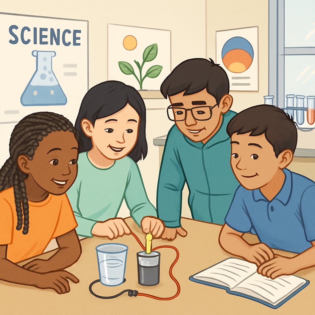 A collaborative science activity where multilingual learners work in small groups, using hands-on experiments to explore a scientific concept. Multilingual learners collaborating in hands-on science experiments to understand concepts.