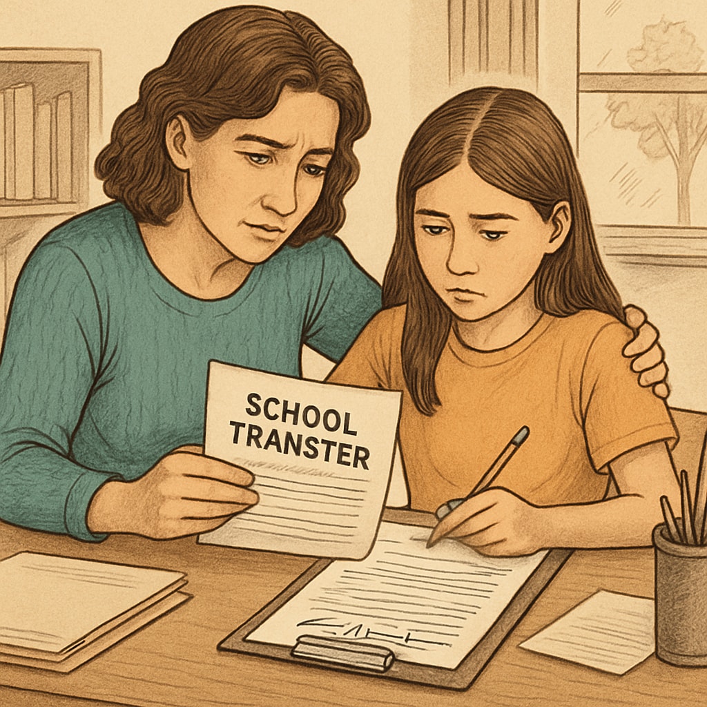 A concerned mother sitting with her daughter at a desk, reviewing school transfer paperwork. A mother and daughter reviewing school transfer paperwork, highlighting challenges for special needs students.